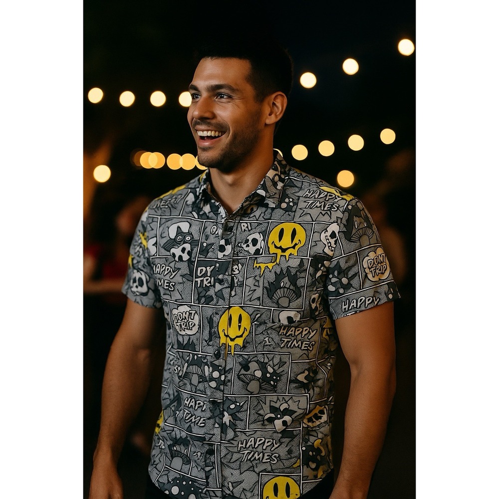 Eighty Eight Brand Men's Large Comic Print Button-Up Shirt – Trippy Vibes Happy